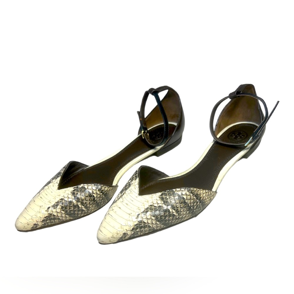 TORY BURCH | Snakeskin Embossed Leather Ankle Strap Flats